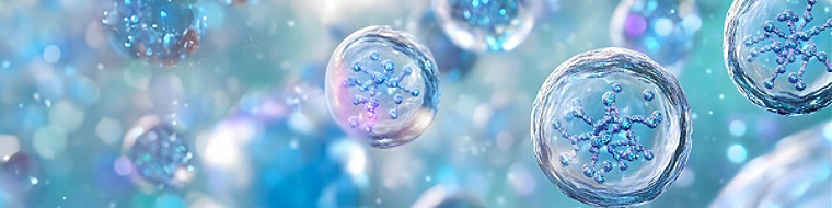 A microscopic view of a group of cells featuring distinct blue bubbles