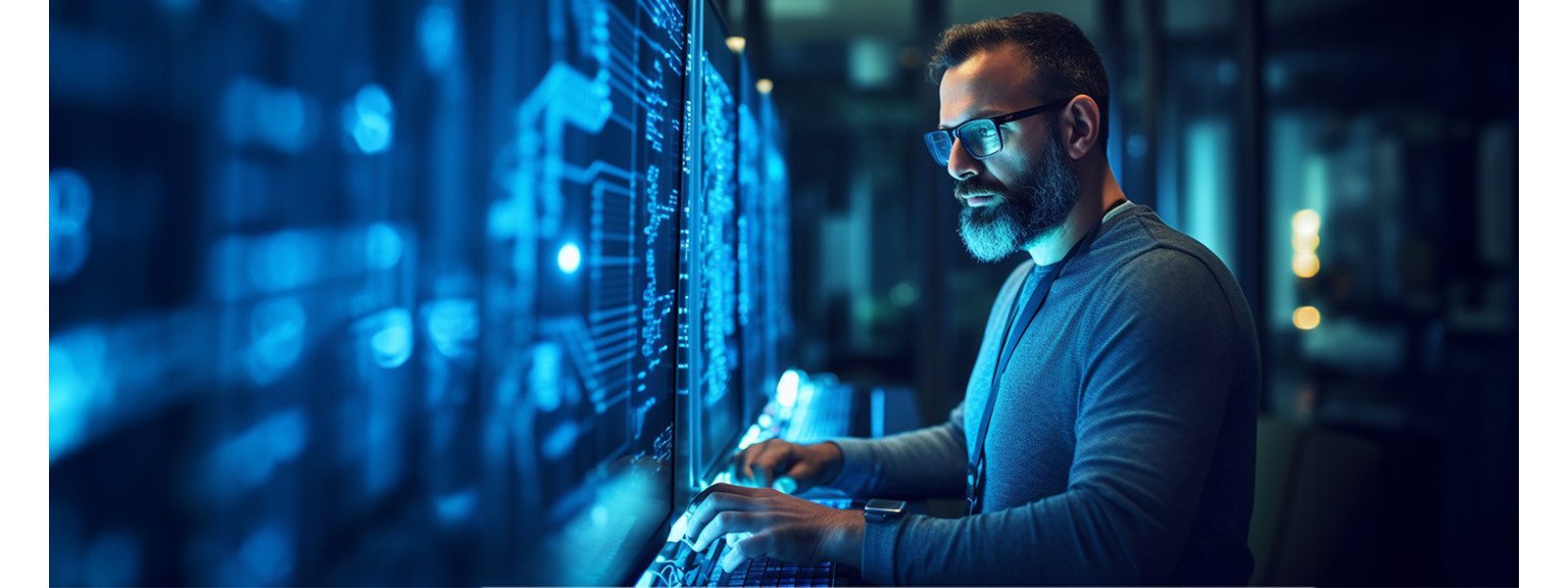 Un homme barbu à lunettes regarde un écran et tape sur un clavier.